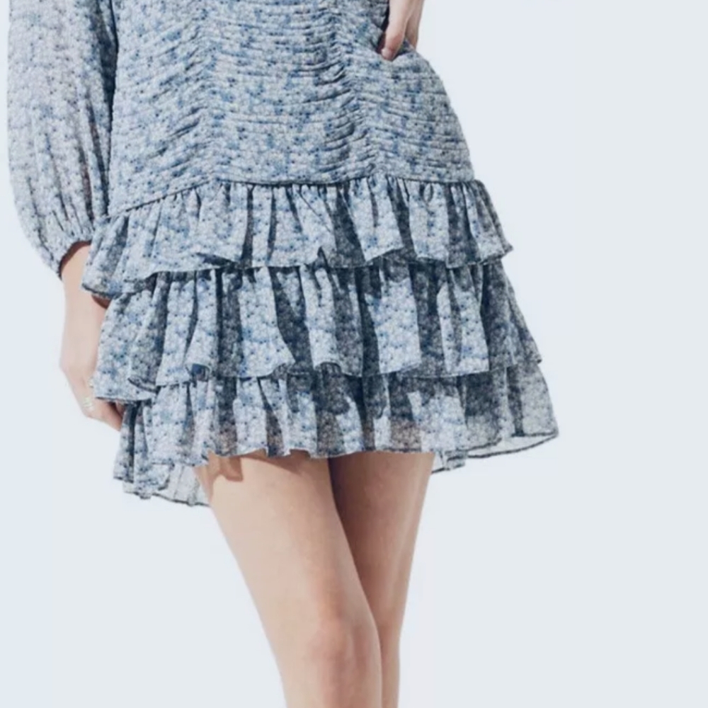 ASTR Blue Chiffon Multi Ruffle Floral Mini Dress;Long Sleeve Tiered;SZ:S;